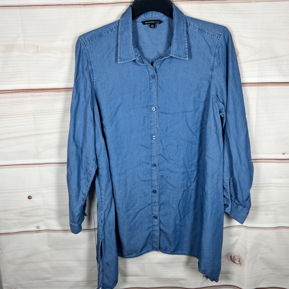 Zac‎ & Rachel Top Womens 2X Blue Chambray Shirt Button Up Tunic Sharkbite Hem